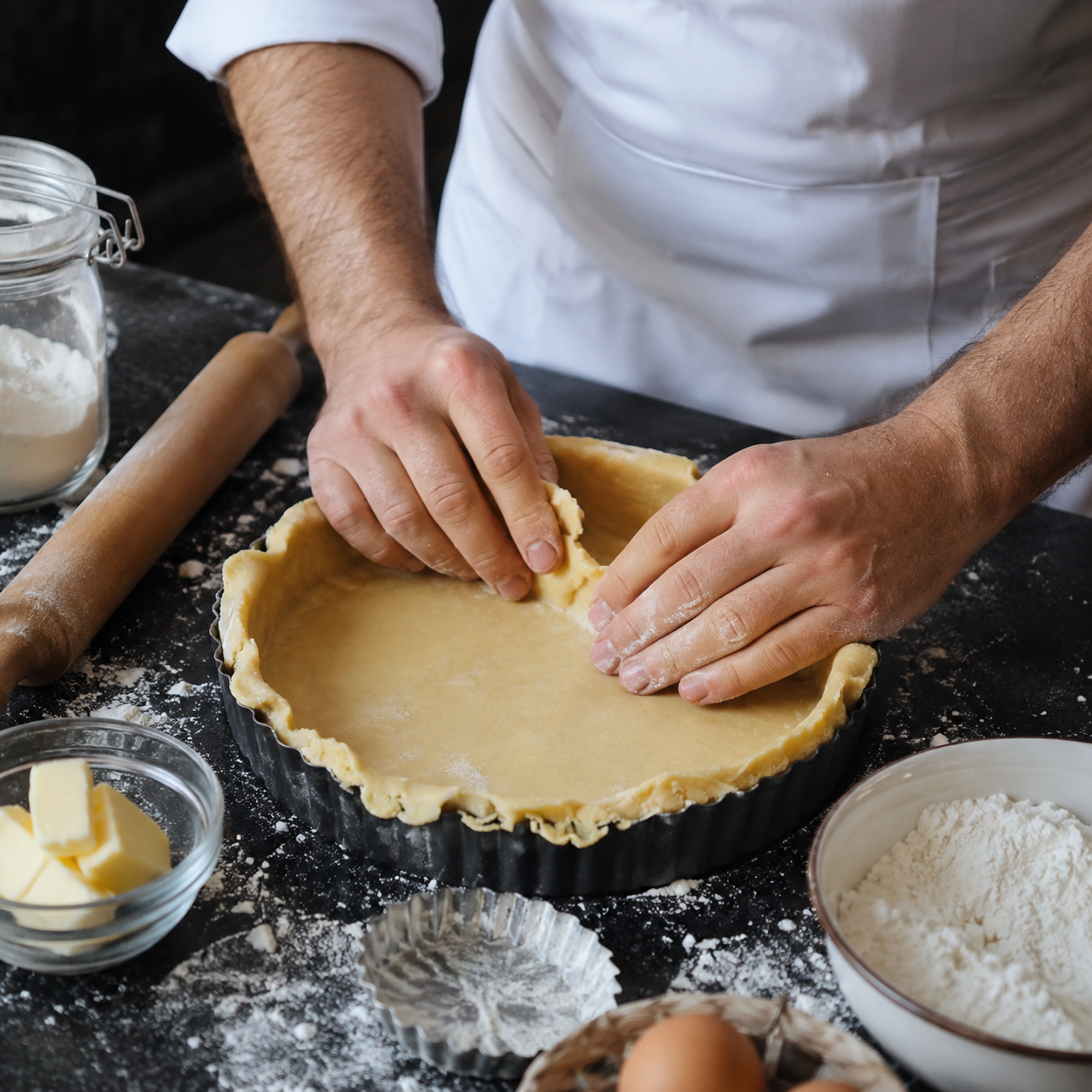Preparo da massa de quiche sobre bancada.